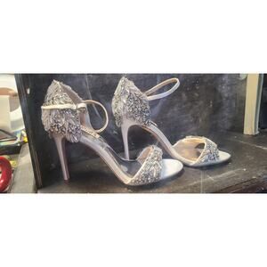 Badgley Mischka Hines Ivory Satin Jewel Embellished Heel Sandal 7 1/2